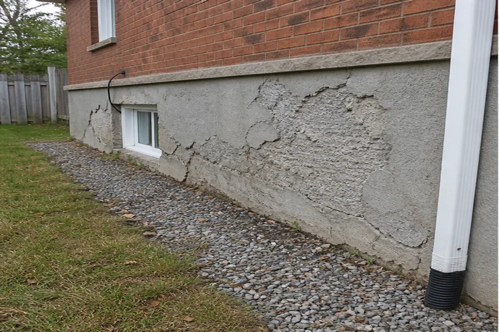 Cracked, patchy parging on a foundation wall before repair