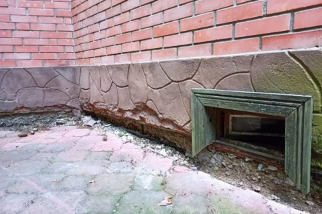 Damaged parging around a basement window at the base of a brick wall
