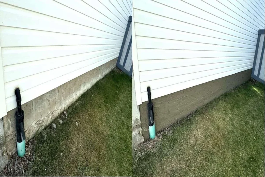 Before and after view of a foundation wall below siding