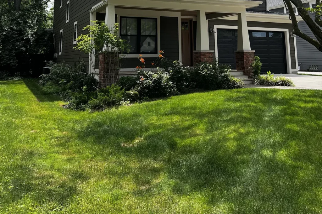 Front lawn and porch of a house with a dark garage door