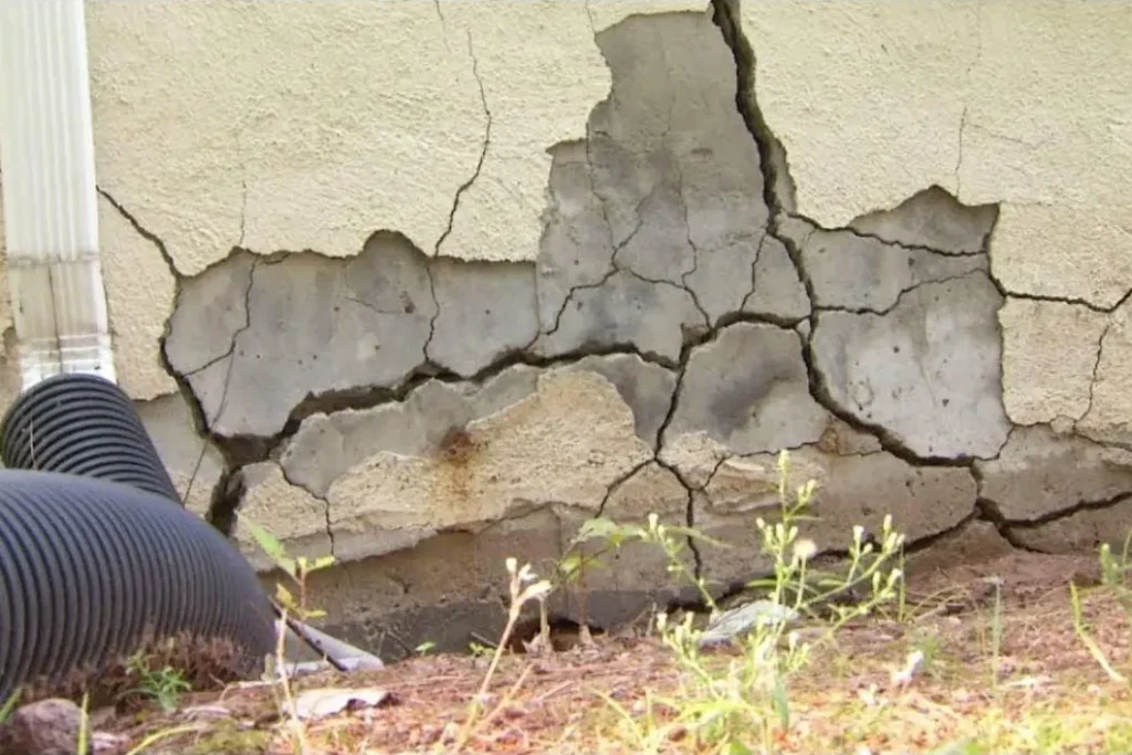 Cracked and missing parging on an older foundation beside a downspout