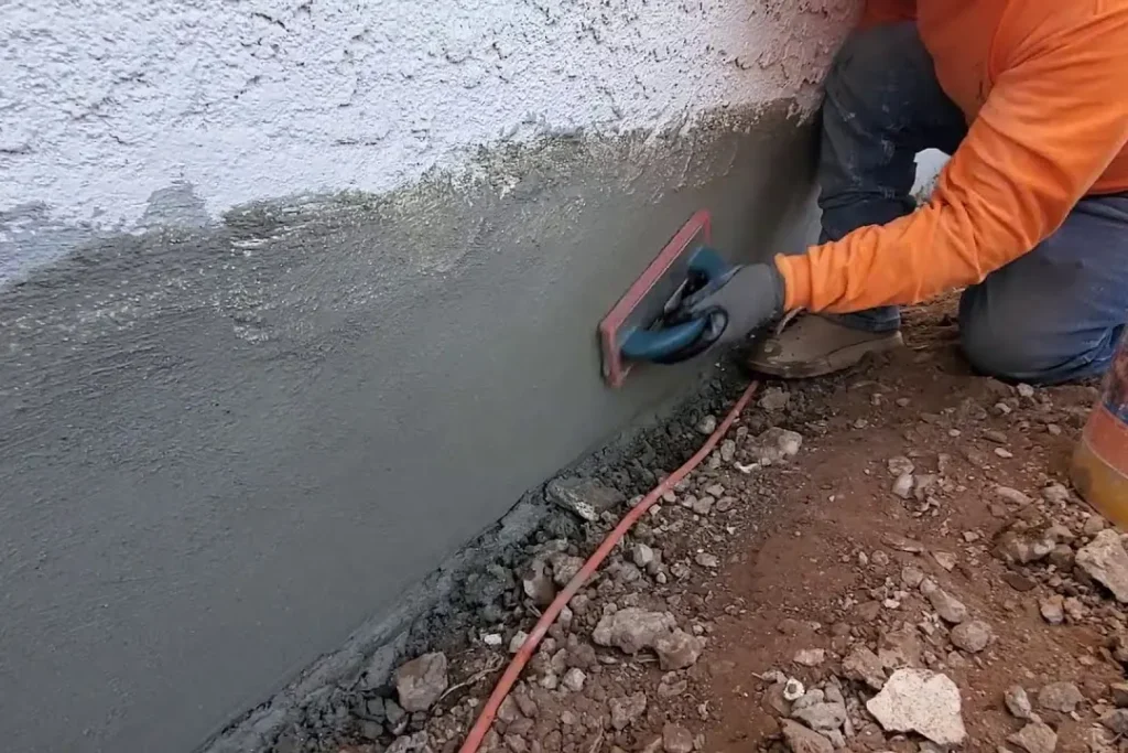Worker floating fresh grey parging along the base of a wall