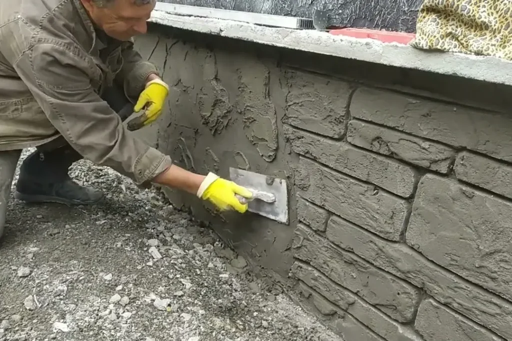 Worker cutting a brick pattern into fresh parging with a trowel